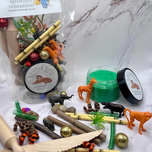 May include: A clear plastic bag filled with play dough accessories, including wooden rolling pins, toy animals, sticks, and glittery balls. A jar of green play dough and a black lid with a tiger graphic are also visible. The text "Squish Kits" is printed on the bag.