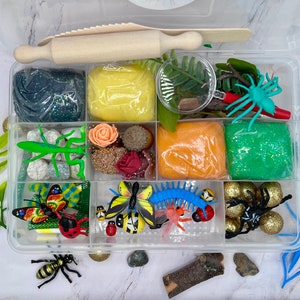 May include: A clear plastic storage box filled with various items for a bug-themed sensory play activity. The box includes green, yellow, orange, and black play dough, a magnifying glass, a rolling pin, a green praying mantis, a blue spider, a red ladybug, a blue centipede, and gold glitter balls.