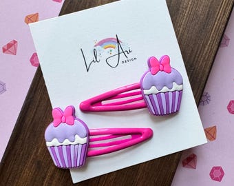 Cupcake Hair Clips for Girl - Pink Snap Barrettes, Toddler Hair Accessories, Set of 2