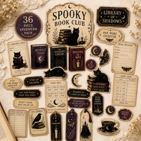 Spooky Book Club Ephemera Pack, 36 Pc Gothic Reading Journal Supplies, Black Cat Bookish Ephemera, Junk Journal Scrapbook Kit