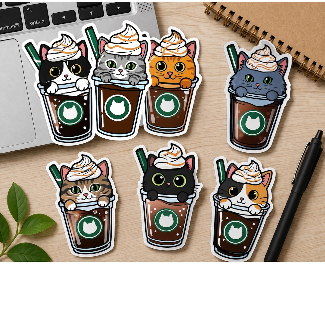 Cute Cat Coffee Sticker | Kawaii Cat Vinyl Sticker | Iced Coffee Cat ...