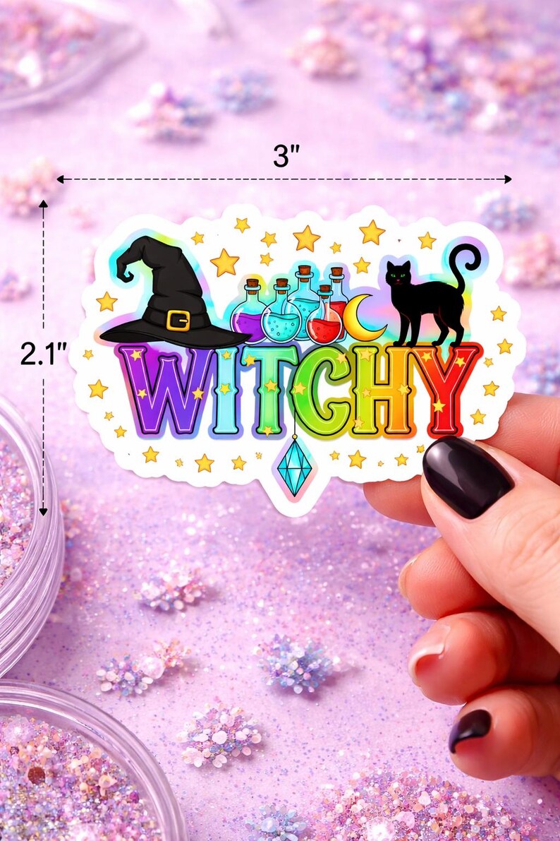 Witchy Cat Sticker | Colorful Witch Sticker | Black Cat Vinyl Decal ...