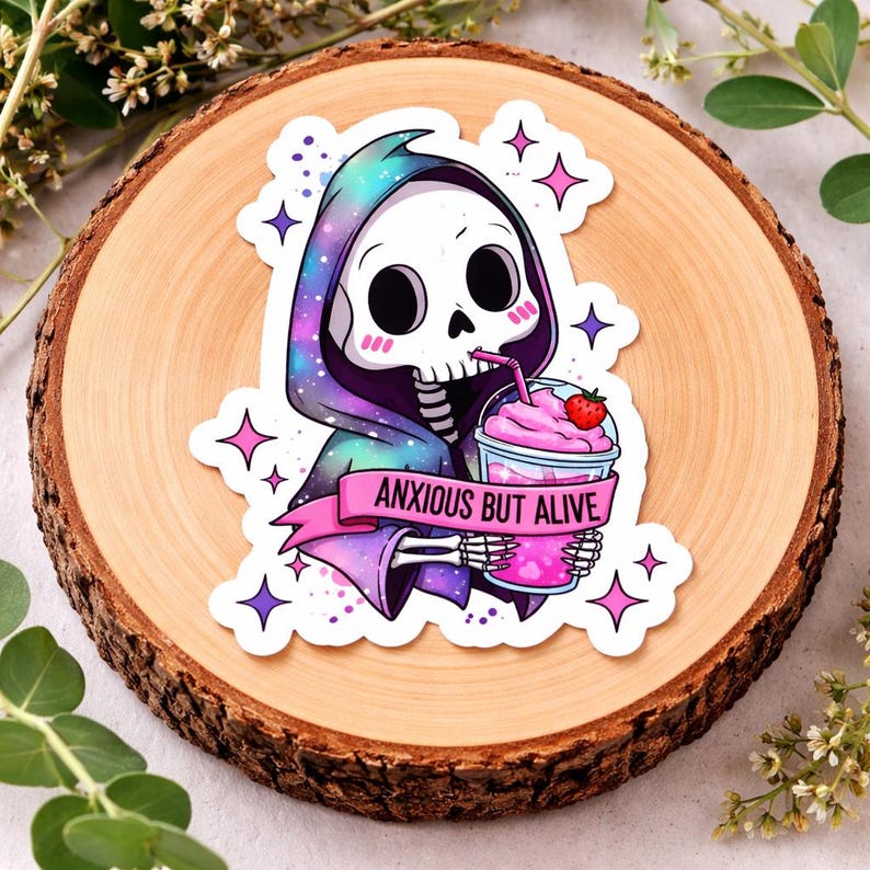 Anxious but Alive Sticker | Cute Skeleton Sticker | Mental Health ...
