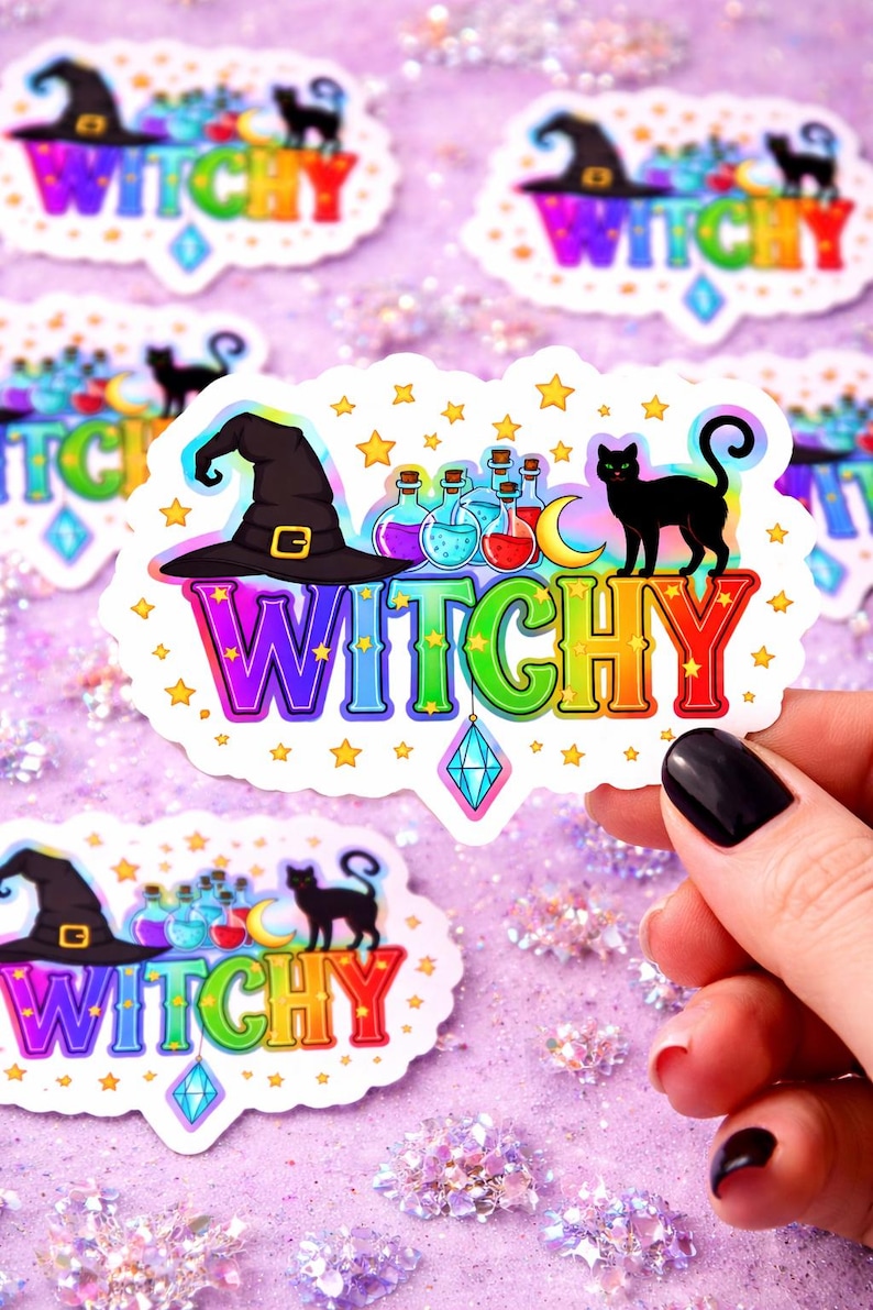 Witchy Cat Sticker | Colorful Witch Sticker | Black Cat Vinyl Decal ...