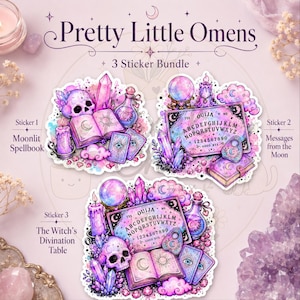 May include: A three-sticker bundle titled Pretty Little Omens featuring mystical illustrations. Sticker 1 shows a skull, spellbook, and crystals. Sticker 2 displays a Ouija board, crystal ball, and candle. Sticker 3 combines these elements into a table.