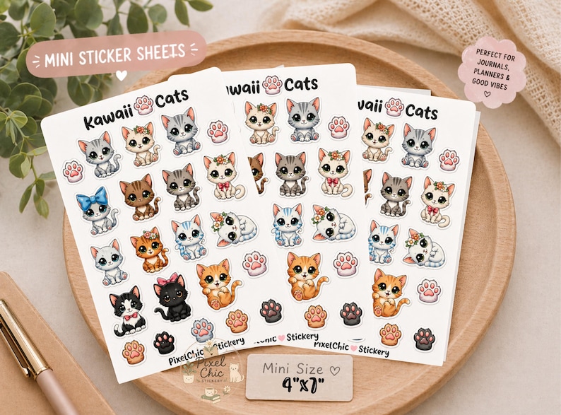 Mini Kawaii Cat Sticker Sheet | Cute Mini Cats Stickers | Planner ...