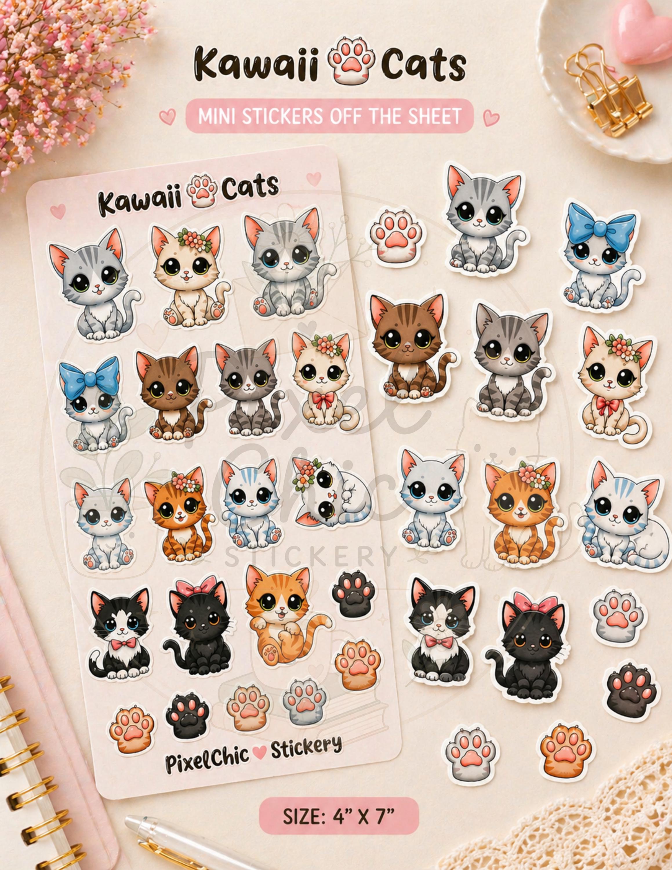 Mini Kawaii Cat Sticker Sheet | Cute Mini Cats Stickers | Planner ...