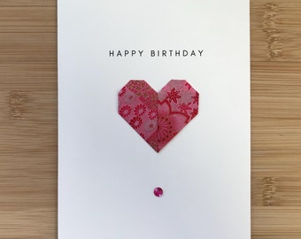 Handmade Origami Heart Happy Birthday Card | Yuzen Washi Paper