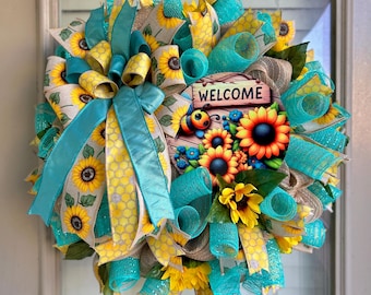Sunflower wreath, bee wreath, turquoise spring wreath, turquoise summer wreath, teal sunflower wreath, teal bee wreath, spring welcome decor