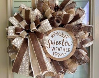 Fall wreath, sweater weather wreath, sweater weather decor, fall wreaths, brown fall wreath