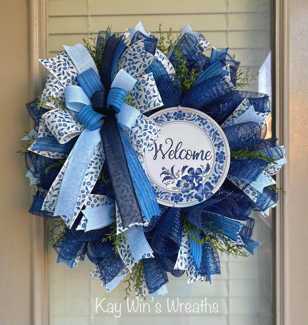 Blue Welcome Wreath, Blue and White Welcome Wreath for Front Door ...
