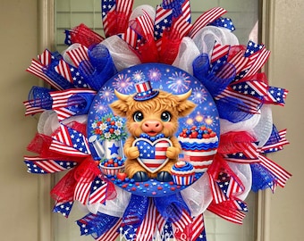 Patriotic Wreath, American wreath, Fourth of July wreath, patriotic wreaths, highland cow patriotic wreath, highland cow wreath, cow wreath