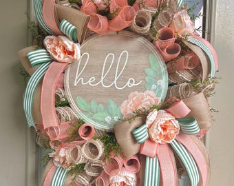 Hello spring wreath, coral hello spring wreath, coral and burlap wreath, greenery wreath, peach spring wreath, peach wreath, coral peach