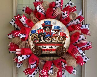 Patriotic wreath, patriotic dog wreath, dog wreaths, dog front door wreath, patriotic dogs wreath