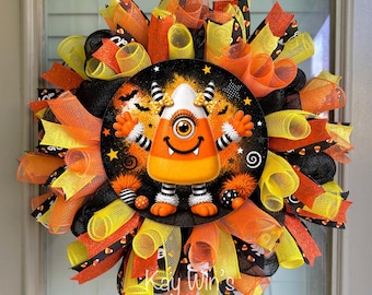 Candy corn wreath, Halloween candy corn wreath, candy corn wreath, candy corn decor, Halloween wreath, monster wreath, monster wreath
