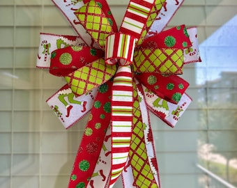 Green monster bow, whimsical bow, green monster bows, red and lime green bows, Christmas bow, Christmas green monster bow