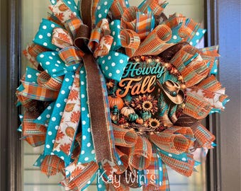 Fall wreath, teal and orange fall wreath, welcome fall wreath, home fall wreath, fall wreath for front door
