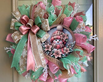 Snowman wreath, pink snowman wreath, snowman winter wreaths, winter wreath, mint snowman wreath, Christmas snowman wreath, pink Christmas
