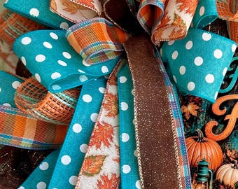 Fall turquoise bow, turquoise bow, fall bow, fall bows, fall bows for wreaths, teal bow, teal fall bows