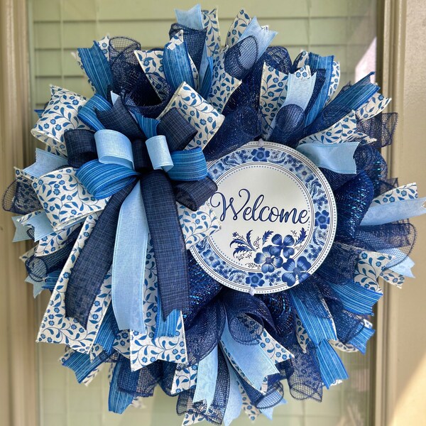 Blue welcome wreath, blue and white welcome wreath for front door, greenery wreath, blue flowers wreath, porch decor wreath, blue wreath