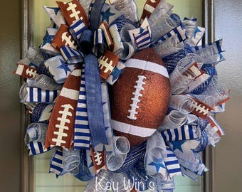 Navy blue and silver football wreath, football wreaths, blue and silver football wreath, cowboys football wreath, Texas football wreath