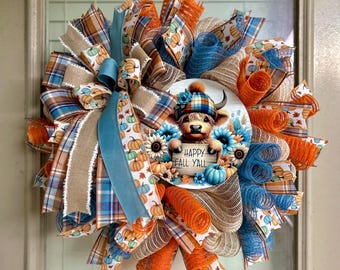 Fall wreath, fall highland cow wreath, highland cow fall wreath, highland cow wreath, blue fall wreaths, blue fall wreath, cow wreaths