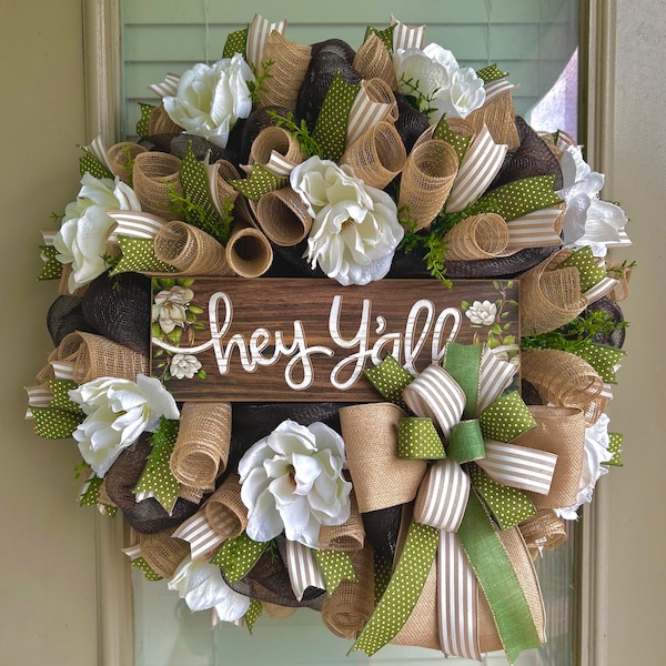 Magnolia wreath, Farmhouse wreath, hey y’all wreath, everyday wreath, greenery wreath, everyday wreath with greenery, magnolia wreaths