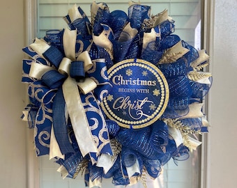 Christmas wreath, blue and gold Christmas wreath, blue Christmas wreath, gold Christmas wreaths, blue and gold Christmas decor, Christmas