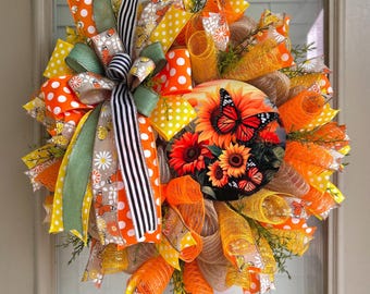 Butterfly wreath, spring butterfly wreath, summer butterfly wreath, yellow and orange butterfly wreath, butterfly front door wreath