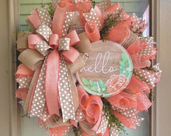 Hello spring wreath, coral hello spring wreath, coral and burlap wreath, greenery wreath, peach spring wreath, peach wreath, coral peach