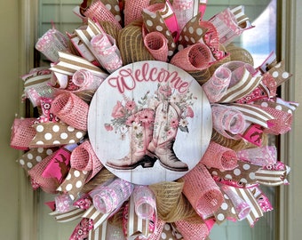 Country girl wreath, cowgirl wreath, cowgirl boots wreath, pink wreath, cowgirl welcome wreath