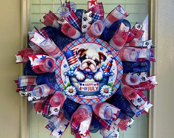 Patriotic wreath, patriotic bulldog wreath, patriotic dog wreath, patriotic pet wreath, Fourth of July bulldog wreath, July 4th wreaths