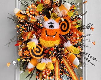 Candy corn wreath, Halloween candy corn wreath, candy corn wreath, candy corn decor, Halloween wreath, monster wreath, monster wreath