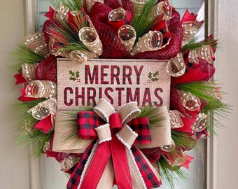 Christmas wreath, merry Christmas wreath, Christmas wreath, buffalo plaid Christmas wreath, buffalo plaid Christmas decor, red buffalo plaid
