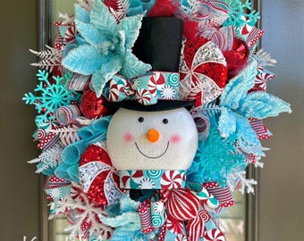 Snowman wreath, snowman head wreath, snowman topper wreath, ice blue and red snowman wreath, blue and red snowman wreath, ice blue wreath