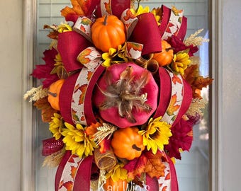 Burgundy fall wreath with sunflowers and pumpkins, fall wreath