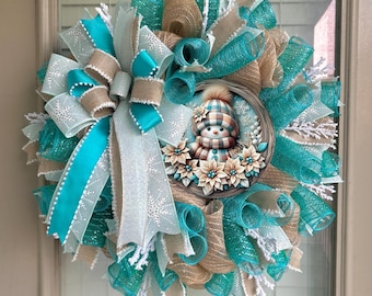 Snowman wreath, snowman Christmas wreath, winter Christmas wreath, winter wreath, snowman winter wreath, blue snowman wreath, blue Christmas