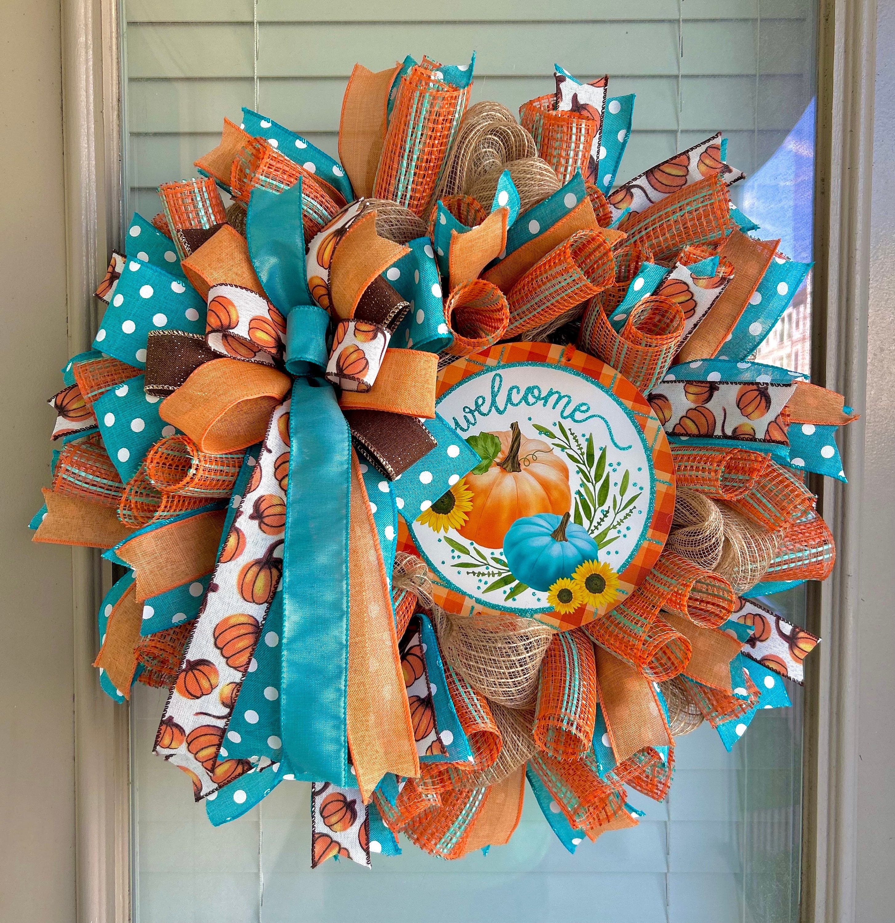Fall wreath, teal and orange fall wreath, welcome fall wreath, home fall wreath, fall wreath for front door