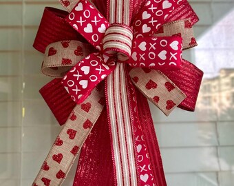 Valentines bow, red and white valentines bow, burlap valentines bow, natural valentines bow
