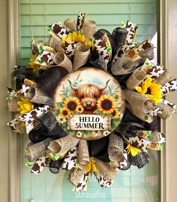 Sunflower wreath, cow wreath, sunflower cow wreath, highland cow wreath, sunflower front door decor, cow decor, cow front door decor
