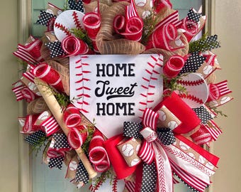 Baseball wreath, baseball wreaths, home sweet home wreath, baseball welcome wreath, baseball front door wreath