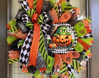 Halloween wreath, Halloween Frankenstein wreath, Frankenstein wreath, Halloween wreaths, Frankenstein wreaths, Frankenstein Halloween wreath