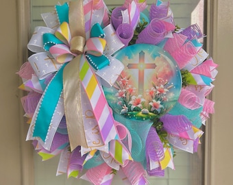 Easter wreath, pastel Easter wreath, he is risen Easter wreath, cross Easter wreath, he is risen decor, he is risen Easter wreaths
