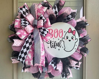 Pink Halloween wreath, pink Halloween ghost wreath, ghost wreath, ghost Halloween pink wreath, spooky season wreath