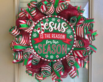 Christmas Wreath, Christmas wreaths, candy cane wreath, Jesus is the reason for the season, peppermint wreath, peppermint Christmas wreaths