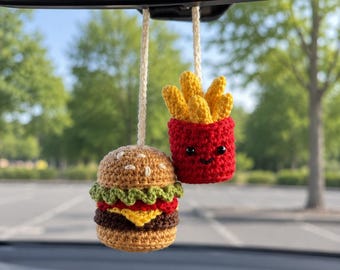 Crochet Burger and Fries Car Charm, Cute Rearview Mirror Hanging Ornament, Handmade Amigurumi Food Car Accessory, Kawaii Car Decor Gift