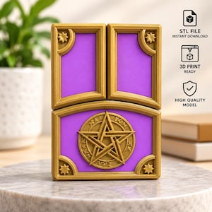 May include: A gold and purple 3D printed box featuring a pentagram emblem on the front panel. The design includes two rectangular top sections and a wider base section with star accents. Text on the right reads STL FILE INSTANT DOWNLOAD, 3D PRINT READY, HIGH QUALITY MODEL.
