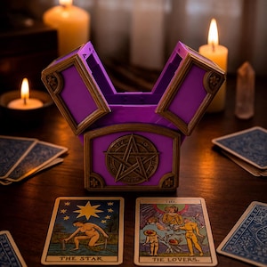 Puede incluir: Una caja abierta de color morado y dorado con un emblema de pentagrama central en el panel frontal. La caja tiene paneles laterales inclinados con adornos dorados y pequeñas estrellas en las esquinas, diseñada para sostener cartas de tarot.
