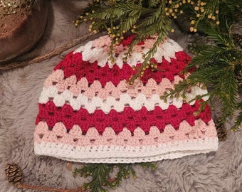 Handmade Colorful Crotchet Beanie.  Colorful Crotchet Hat.  White, Pink and Red.   Fits Normal.