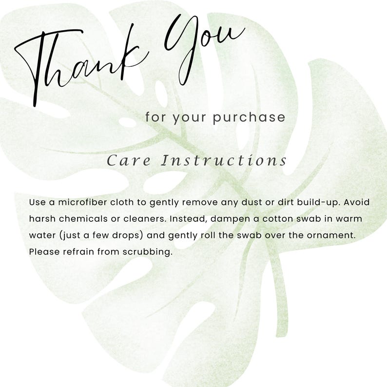 Puede incluir: Fondo blanco con un dise&ntilde;o de hoja verde estilo acuarela. El texto "Thank You" est&aacute; escrito en una elegante escritura cursiva, seguido de "for your purchase" y "Care Instructions". Tambi&eacute;n se incluyen instrucciones de limpieza.